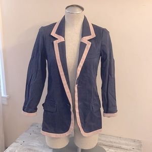 Long navy blazer, blush trim